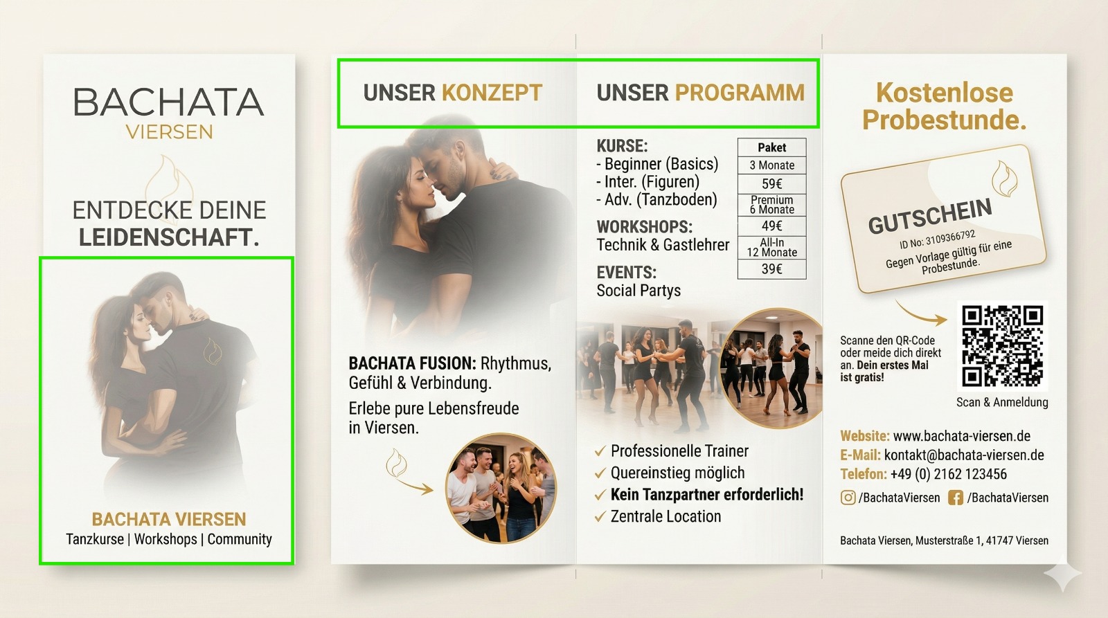 Flyer-Entwurf von Gemini für die Tanzschule Bachata Viersen, mit grün markierten Schwachstellen