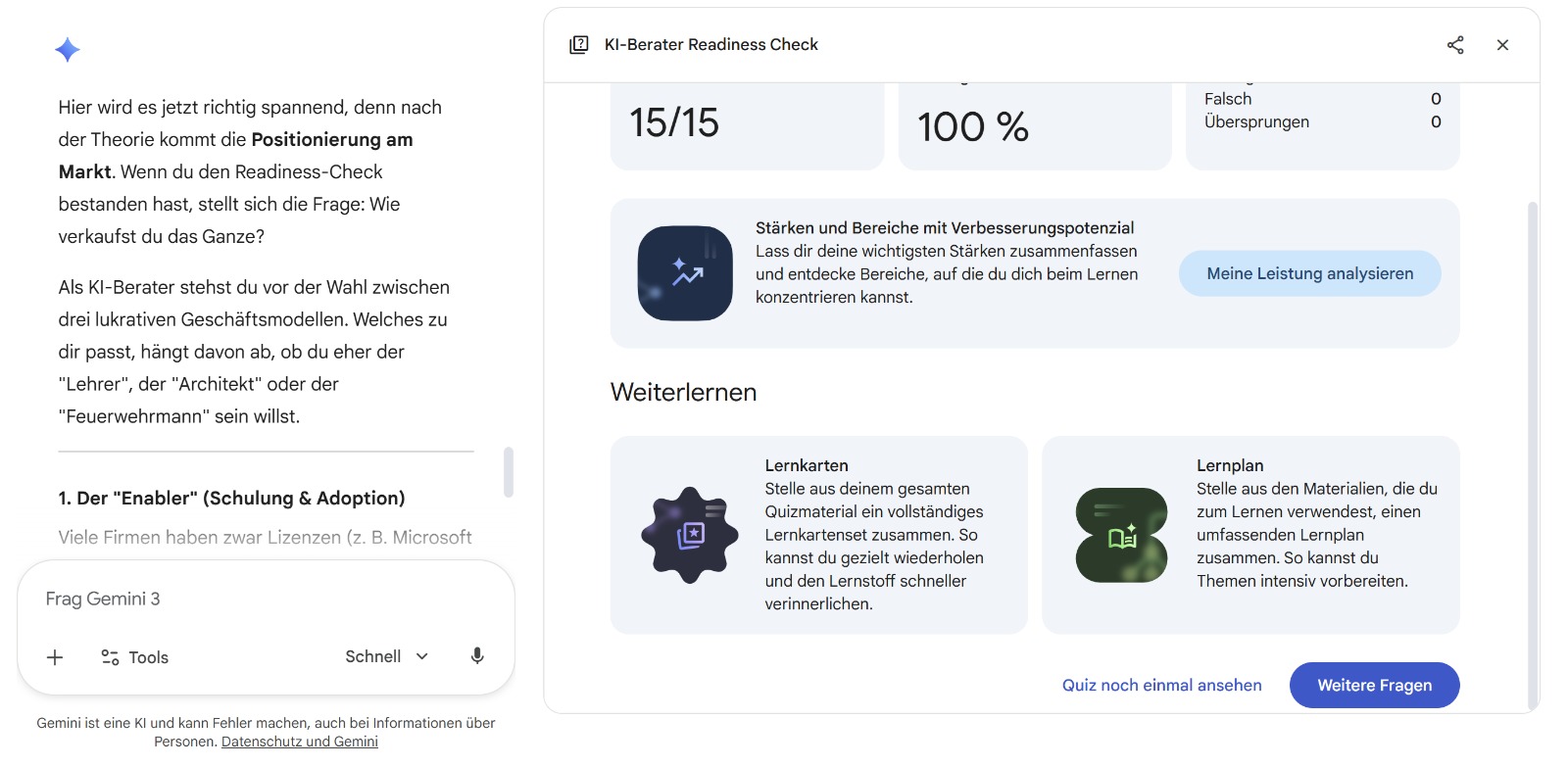 Gemini-Quiz „KI-Berater Readiness Check" mit 100-Prozent-Ergebnis
