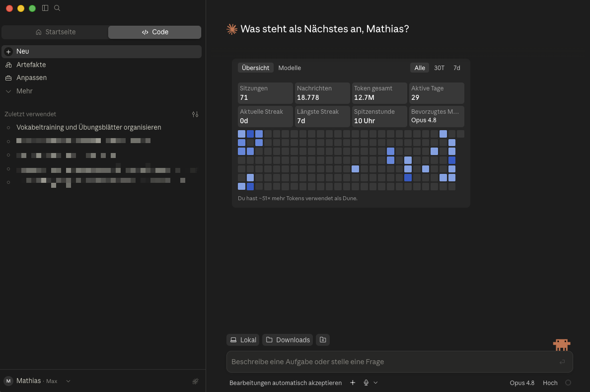 Die Claude-Desktop-App mit dem Reiter „Code“ oben links in der Seitenleiste