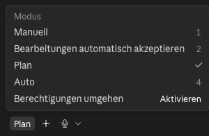 Das aufgeklappte Modus-Menü der Desktop-App mit den Einträgen Manuell, Bearbeitungen automatisch akzeptieren, Plan, Auto und Berechtigungen umgehen