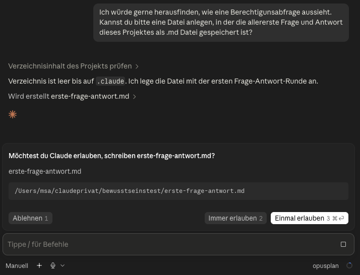 Arbeitsschritte von Claude und die anschließende Berechtigungsabfrage vor dem Schreiben einer Datei