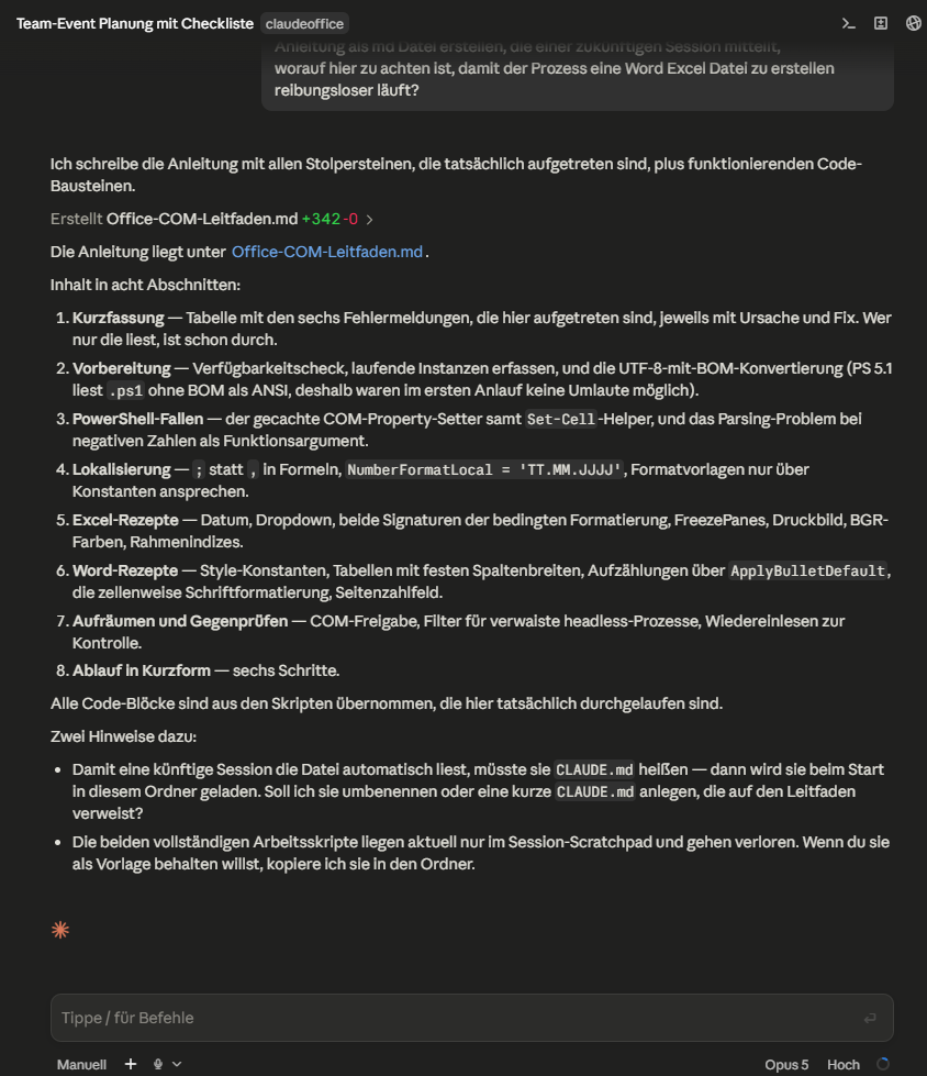 Claude Code meldet die fertige Datei „Office-COM-Leitfaden.md" und listet deren acht Abschnitte auf, von der Fehlertabelle bis zum Ablauf in Kurzform