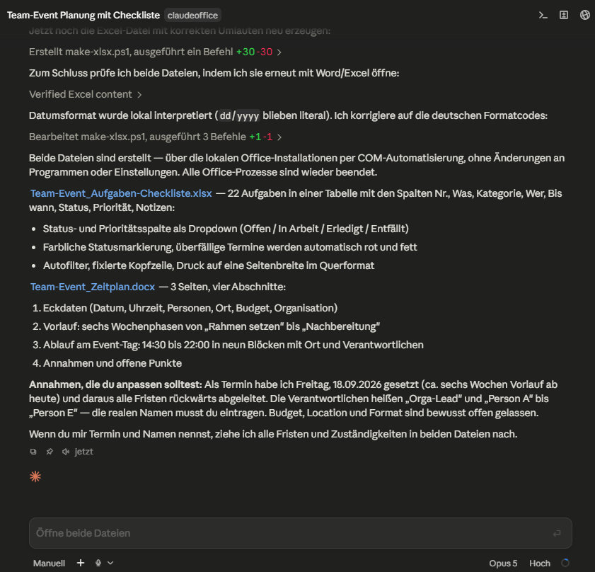 Abschlussbericht von Claude Code: beide Dateien erstellt über die lokalen Office-Installationen, mit Aufzählung der Excel-Spalten, Dropdowns, Autofilter und der vier Abschnitte des Word-Zeitplans