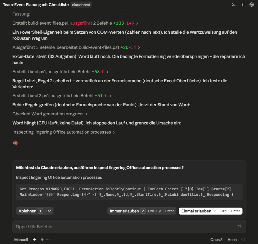 Claude Code meldet „Word hängt (CPU läuft, keine Datei). Ich stoppe den Lauf und grenze die Ursache ein" und fragt die Erlaubnis für einen Prüfbefehl an