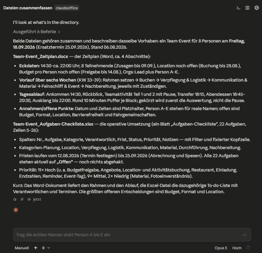Fertige Zusammenfassung beider Office-Dateien in der Desktop-App mit Eckdaten, Wochenphasen, Spalten der Checkliste und Prioritätenverteilung
