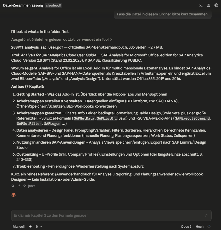 Zusammenfassung eines 335-seitigen PDF-Handbuchs in der Desktop-App: Titel, Umfang, Worum es geht und eine Gliederung in sieben Kapiteln