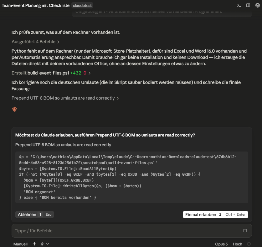Claude Code meldet: Python fehlt auf dem Rechner, dafür sind Excel und Word 16.0 vorhanden; es erzeugt die Dateien direkt mit dem vorhandenen Office