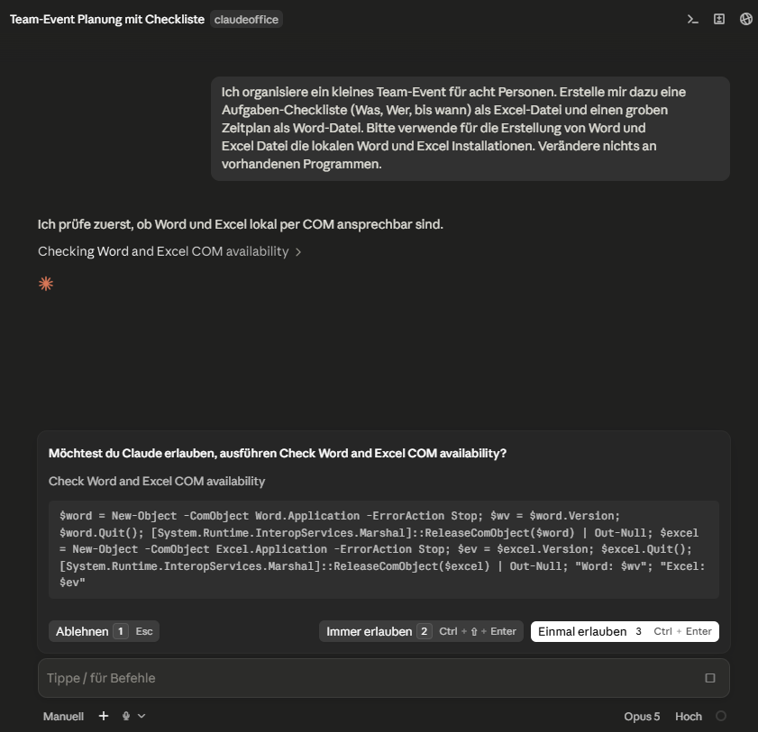 Die Desktop-App mit dem eingetippten Auftrag zum Team-Event und der ersten Autorisierungsabfrage, ob Word und Excel überhaupt ansprechbar sind