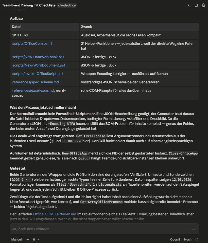 Abschlussbericht mit einer Tabelle der acht Dateien des neuen Skills und den drei Verbesserungen gegenüber dem ersten Lauf