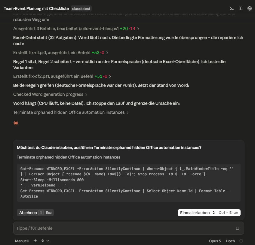 Autorisierungsabfrage „Terminate orphaned hidden Office automation instances" mit dem sichtbaren Befehl, der nur fensterlose Word- und Excel-Prozesse beendet