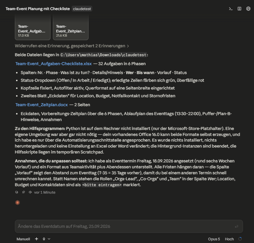 Abschlussbericht in der Desktop-App: zwei Datei-Kacheln, Auflistung des Inhalts beider Dateien und die Feststellung, dass nichts installiert und keine Einstellung verändert wurde