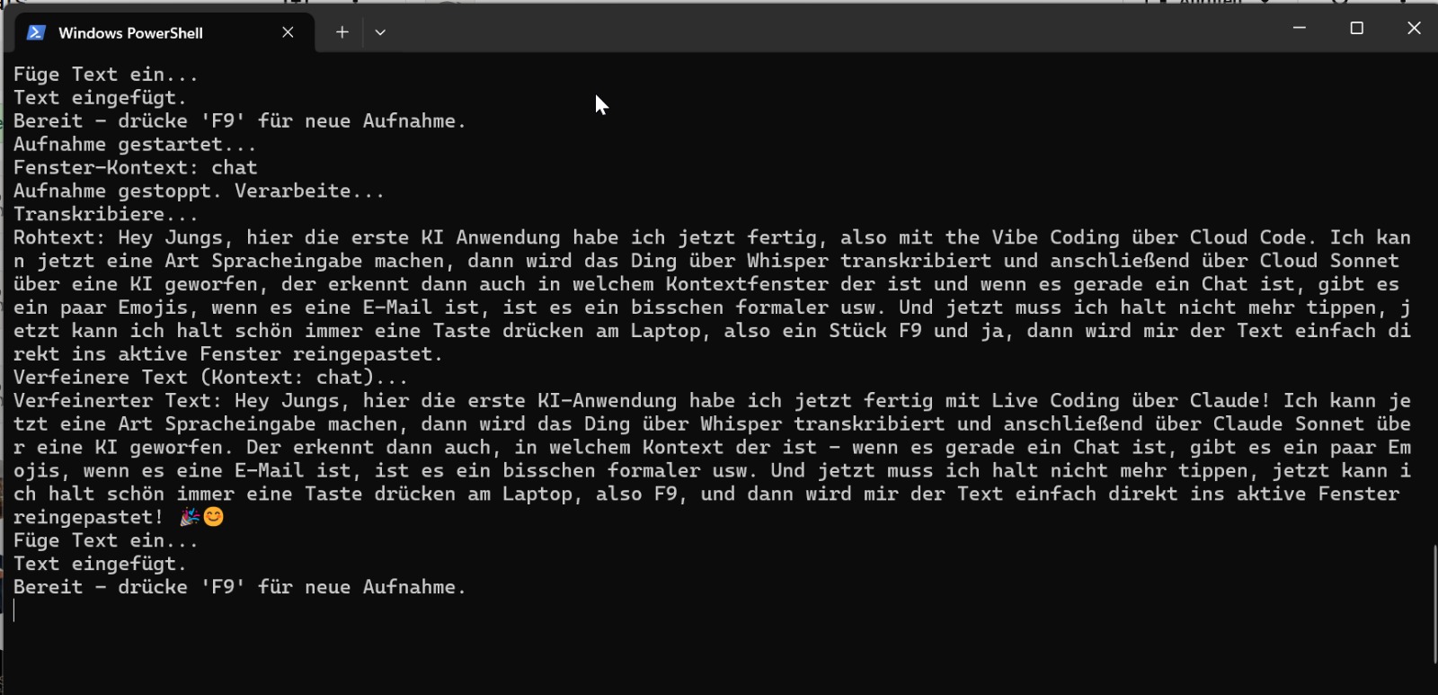 VoiceType im Betrieb: ein selbstgebautes Diktier-Werkzeug, das gesprochenen Text in geschriebenen umwandelt
